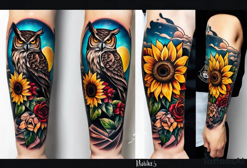 Sunflower forearm tattoo with owl, and light house tattoo idea