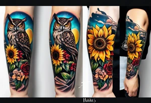 Sunflower forearm tattoo with owl, and light house tattoo idea