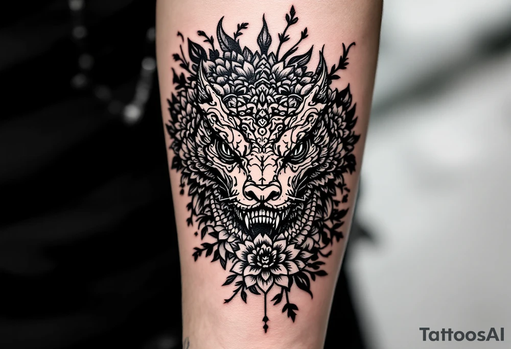 powerful majestic big reptile, surrounded by floral ornaments tattoo idea