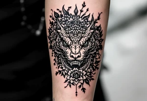 powerful majestic big reptile, surrounded by floral ornaments tattoo idea