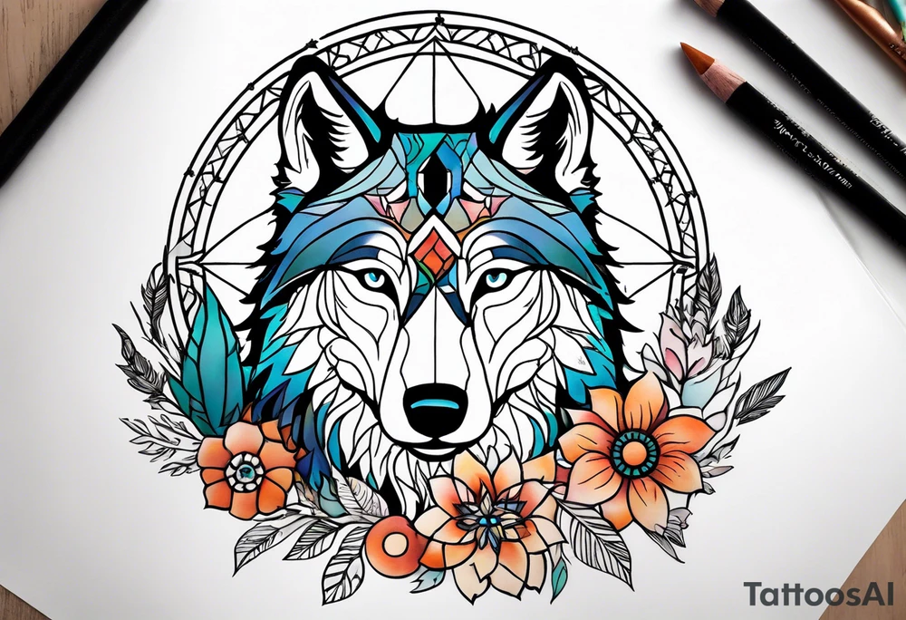 A whimsical wolf tattoo featuring mandala or dream catcher elements, with the wolf as the central focus, surrounded by mountains in the background. Include flowers and nature elements to fill the space around the wolf. Some color but not completely solid bold color tattoo idea
