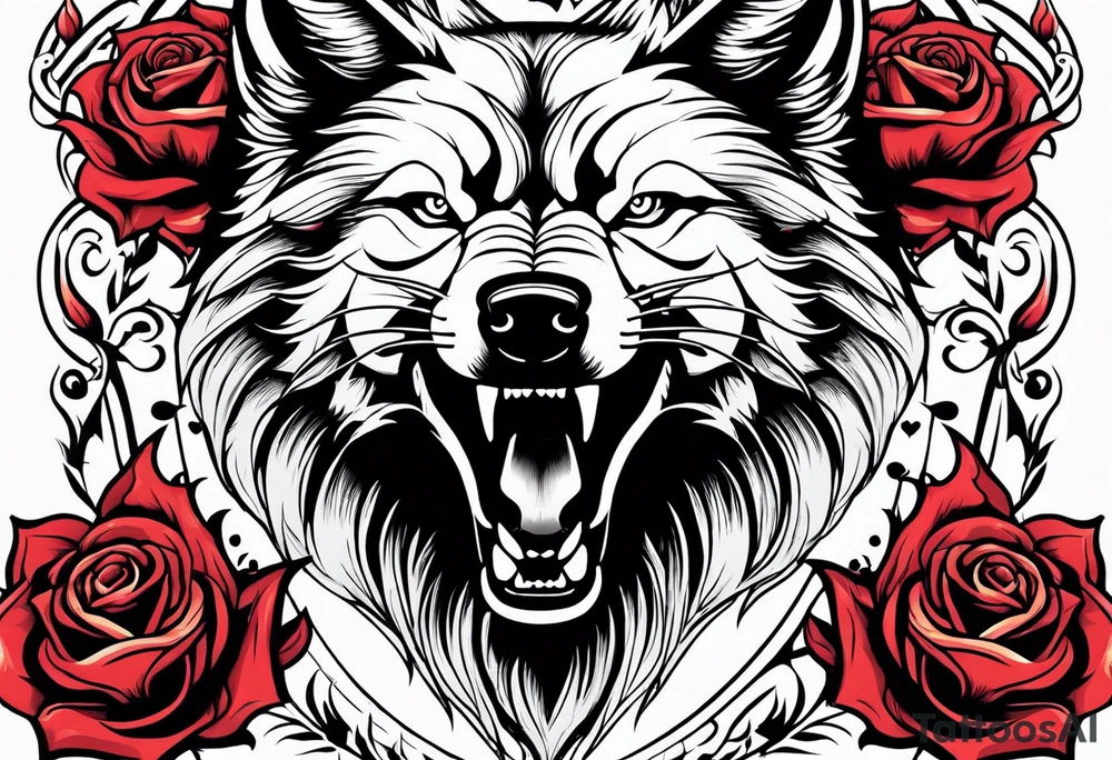 Rose with flames from top into a wolf tattoo idea