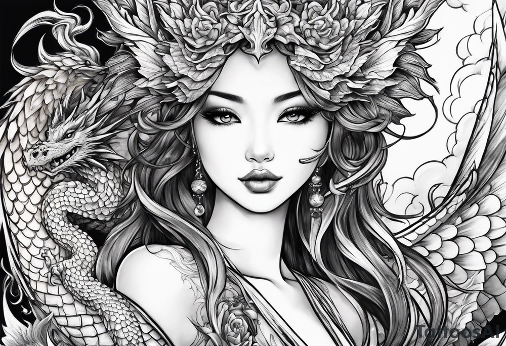 fairy and a dragon in the background tattoo idea