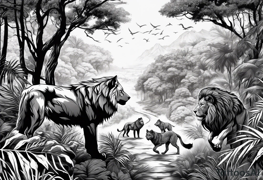 wolf pack and lion pack in the jungle far away walking towards a tree tattoo idea wolf pack and lion pack in the jungle far away walking towards a tree tattoo idea
