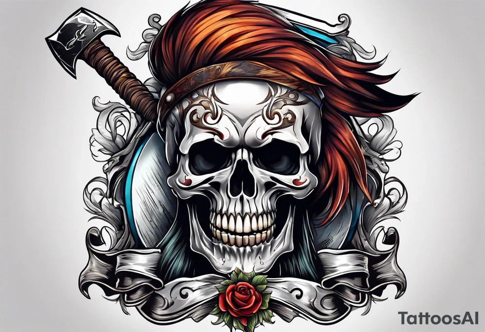 Skull with hair, smiling and having an axe in his hand. tattoo idea