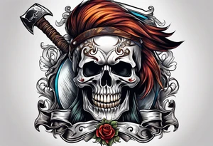 Skull with hair, smiling and having an axe in his hand. tattoo idea