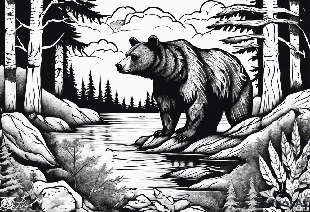 bear, forest, lake, appalachia, arm sleeve tattoo tattoo idea