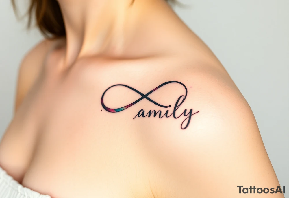 A flowing infinity symbol intertwined with the word "family" written in elegant cursive tattoo idea