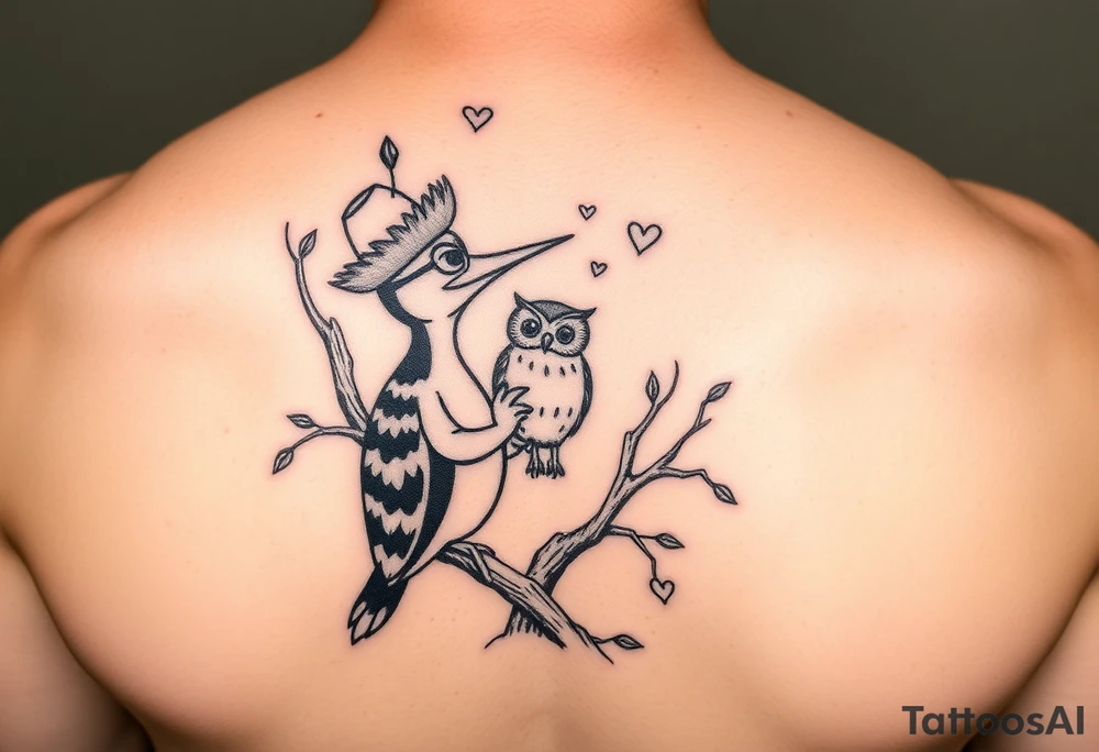 Woody the woodpecker cartoon character gazing in love at a owl in a willow tree tattoo idea