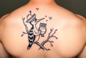 Woody the woodpecker cartoon character gazing in love at a owl in a willow tree tattoo idea