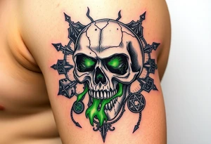 A cursed skull with cracks leaking green mist, surrounded by arcane symbols and forbidden spells tattoo idea