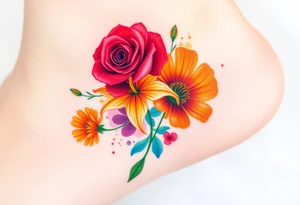 a colorful, vibrant, watercolor tattoo with one red rose, one orange lily, one gold marigold, and one orange cosmos flower and with splashes of color tattoo idea