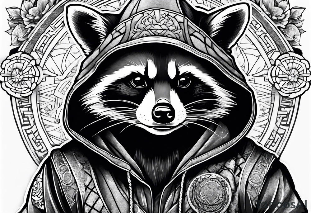 raccoon wearing a Superman hoodie tattoo idea