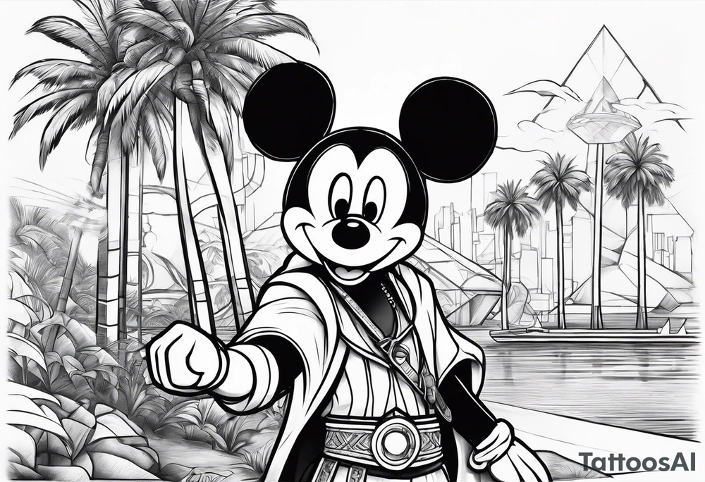 mickey mouse assassins creed character that is in the style of tron with palm trees tattoo idea