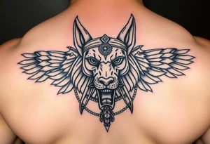 Egyptian Anubis god powerful face muscle in Egypt style with mantle on head dog face surrounded Egyptian symbols tattoo idea