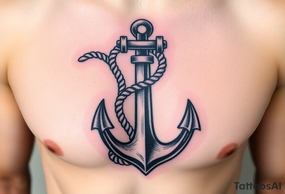 weathered anchor wrapped in nautical rope with sea waves tattoo idea