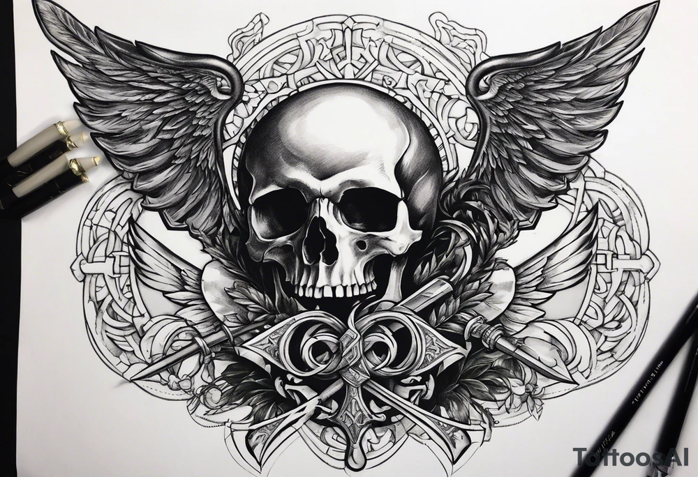 In the center is a skull pierced by a large sword. On either side of the skull, there are spread angel wings, creating an impression of protection and majesty. Beneath the skull is a ribbon that weaves through both the skull and the sword, imparting unity and linking all the elements together. tattoo idea