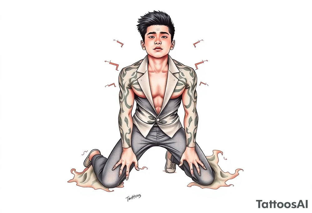 Handsome Asian young guy is standing on his knees upset tattoo idea