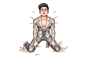 Handsome Asian young guy is standing on his knees upset tattoo idea