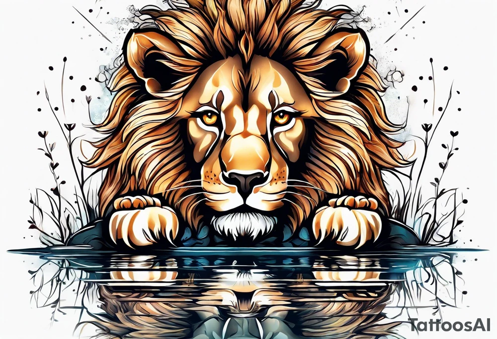 a baby lion looking at his reflection in the water and sees a full grown huge muscular lion tattoo idea