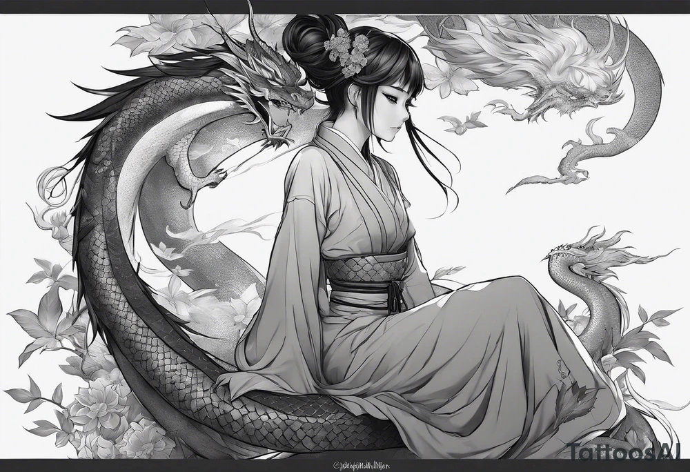a full shot of an anime girl seen from far, sitting on a ball and surrounded by asian dragon with wings tattoo idea