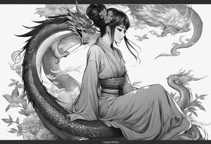 a full shot of an anime girl seen from far, sitting on a ball and surrounded by asian dragon with wings tattoo idea
