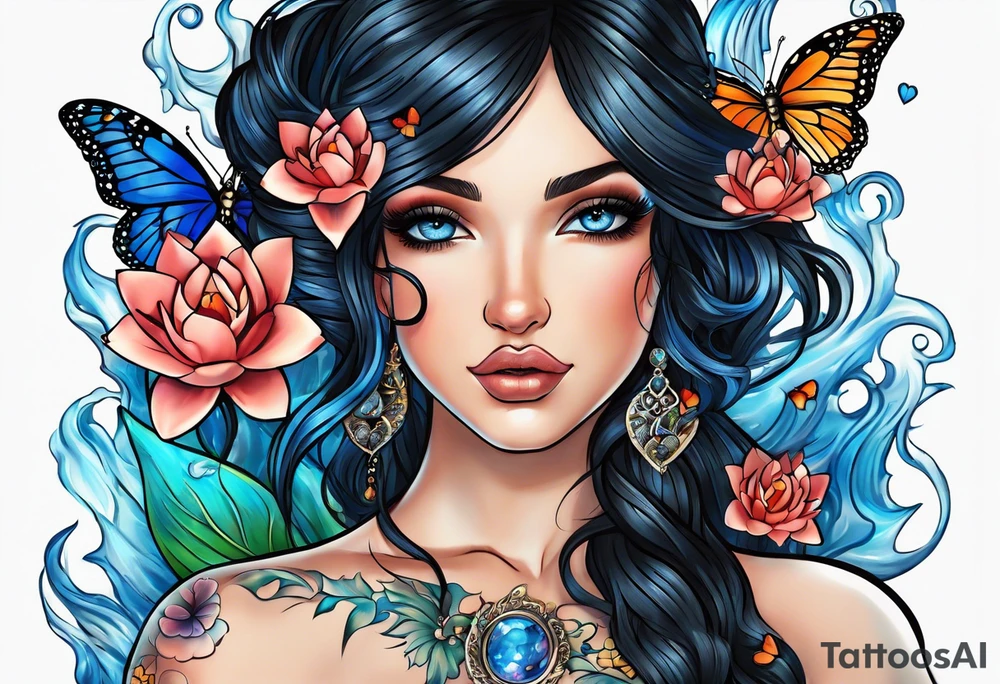 Black hair, ocean blue eyes aphrodite with hearts and water lilies surrounded with butterflies around with names “Zane”, “Nate”, “Jaiden” tattoo idea