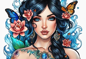 Black hair, ocean blue eyes aphrodite with hearts and water lilies surrounded with butterflies around with names “Zane”, “Nate”, “Jaiden” tattoo idea