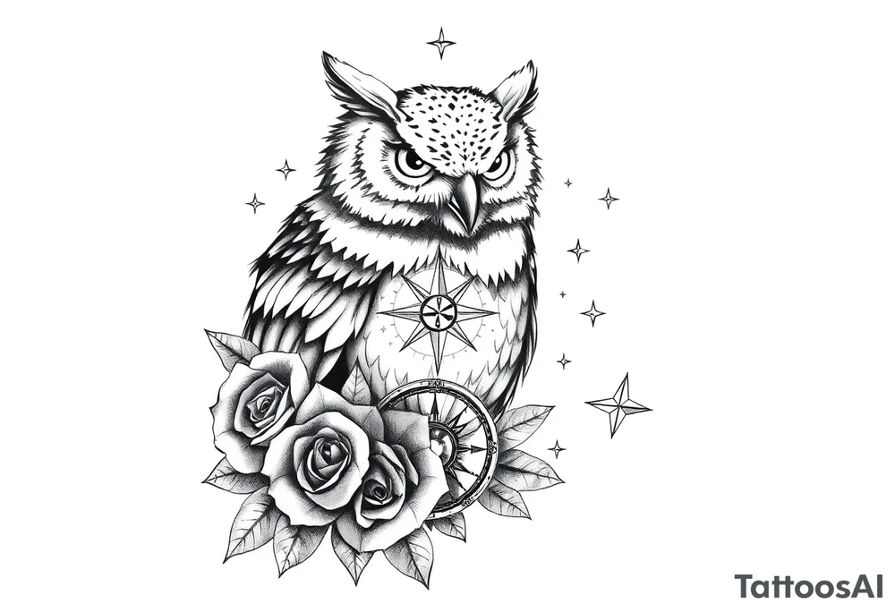 an owl,compass,roses,stars. tattoo idea