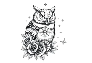 an owl,compass,roses,stars. tattoo idea