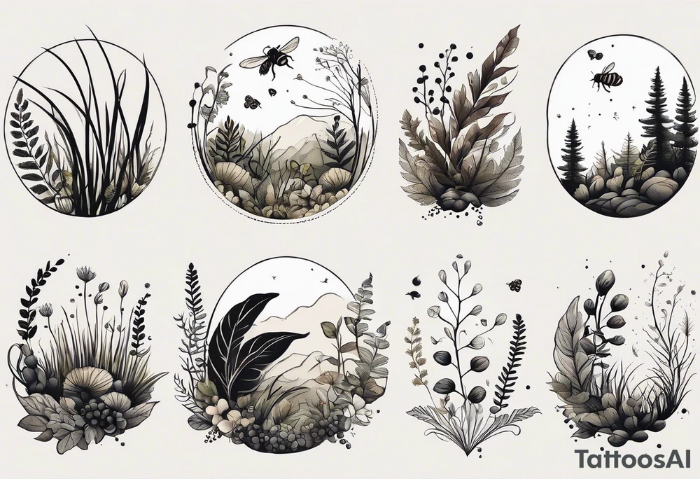 forest floor inspired minimalist tattoo, which includes grass, curly ferns, moss and dead leaves as the bulk of the tattoo. details to include: forest berries, a tiny bumblebee flying nearby, three small brown mushrooms
Generate a vertically long one tattoo idea