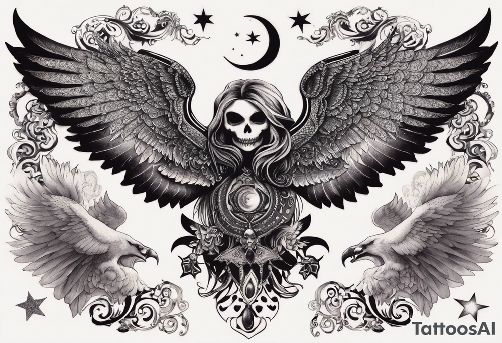 black kali, goddess pirate, alien, angel, pachamama, valkrye, warrior, flying, skull, lotus azul, wing, eagle, zenza resonance, stars, 5D, anahata chakra, death, durga, riding on a tiger, flying lady, kundalini, chest tatoo tattoo idea