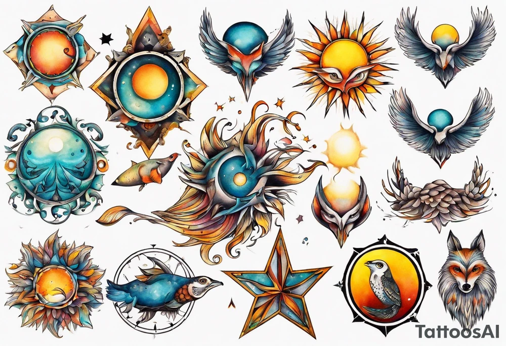 fisch, fuchs und eule , symetrie  sonne, universum, bunt tattoo idea
