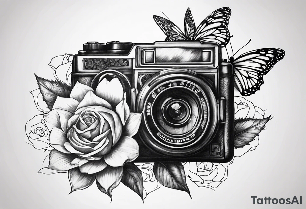Book, sunflower, camera, butterfly, flower rose tattoo idea Book, sunflower, camera, butterfly, flower rose tattoo idea