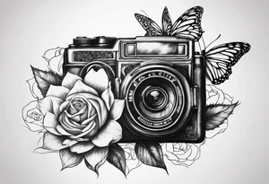 Book, sunflower, camera, butterfly, flower rose tattoo idea