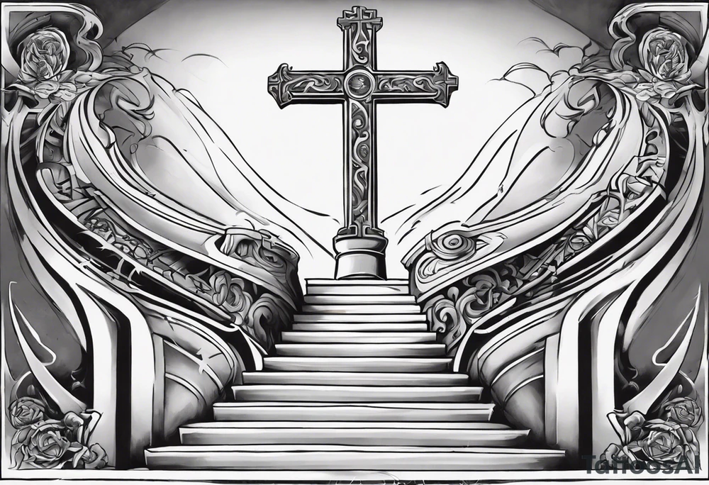Inner bicep, stretched horizontally, stairs leading to a cross tattoo idea