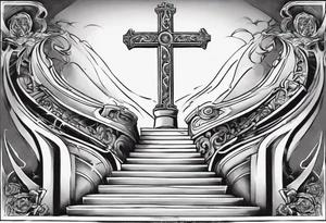 Inner bicep, stretched horizontally, stairs leading to a cross tattoo idea