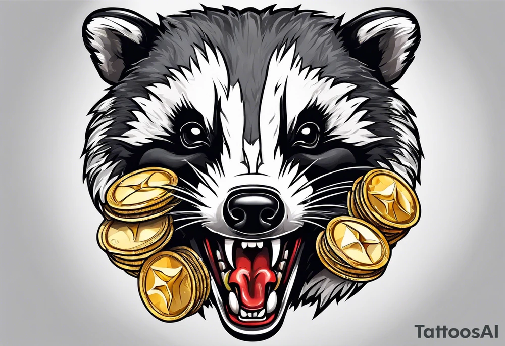 Angry badger with mouth open holding chips tattoo idea