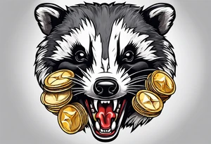 Angry badger with mouth open holding chips tattoo idea