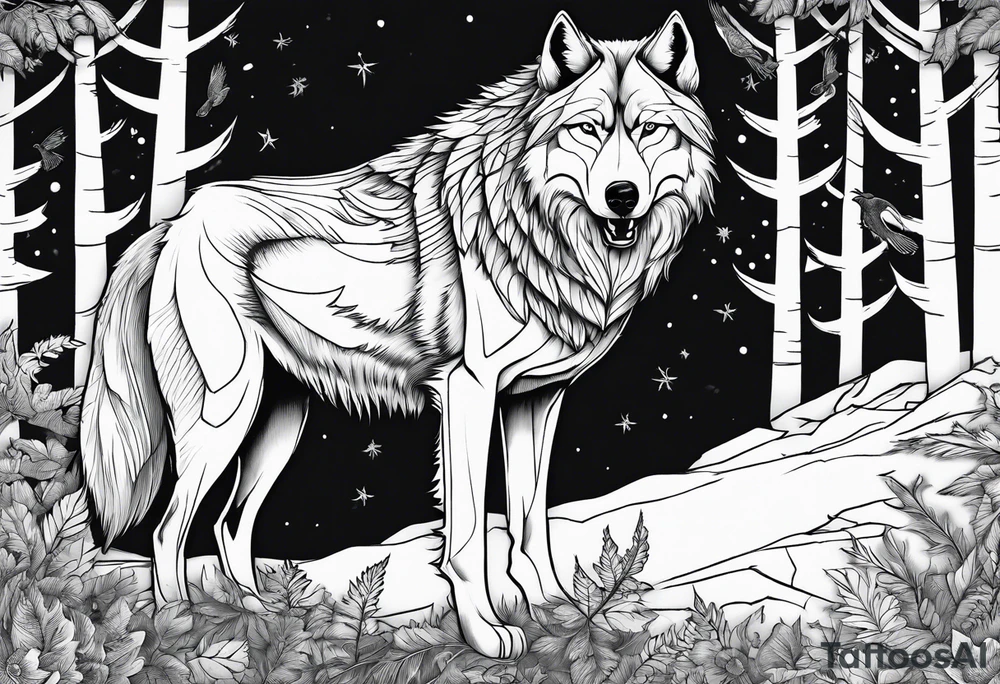 main character is an impressive powerful wolf, a crow talks to the wolf, background a gloomy mysterious forest tattoo idea