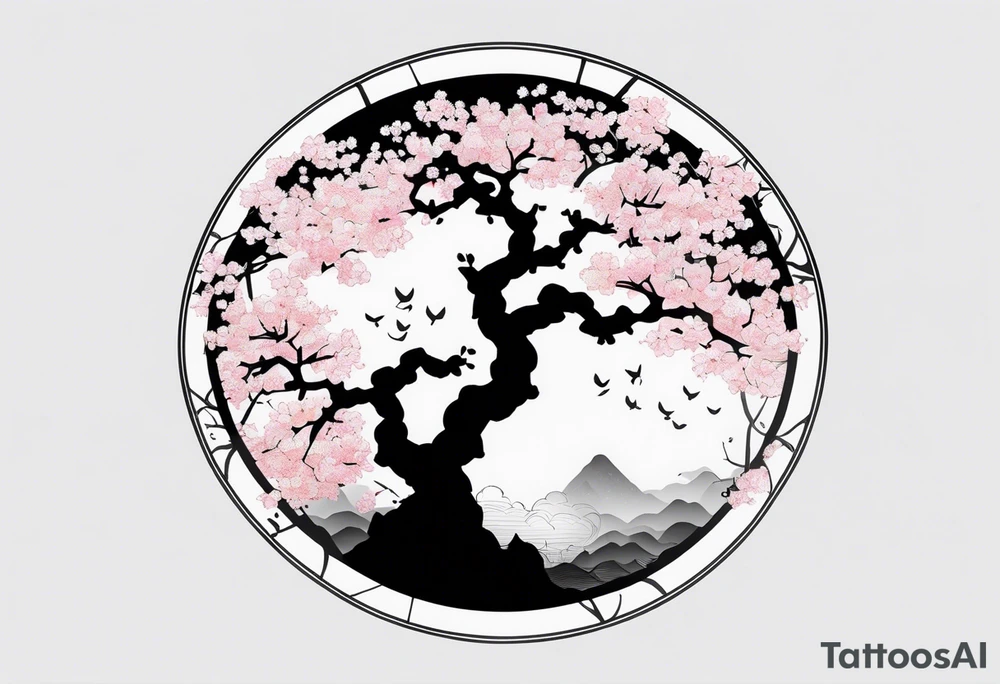 A circle of mist with cherry blossom trees on the left side growing upwards and downwards with the shadow kanji letter in the middle of the circle tattoo idea