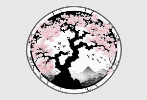 A circle of mist with cherry blossom trees on the left side growing upwards and downwards with the shadow kanji letter in the middle of the circle tattoo idea