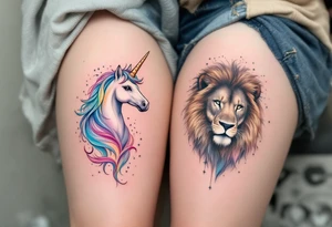 A unicorn for her in soft pastels and a majestic lion for him in grayscale ink on the upper thighs represent fantasy and strength united. tattoo idea