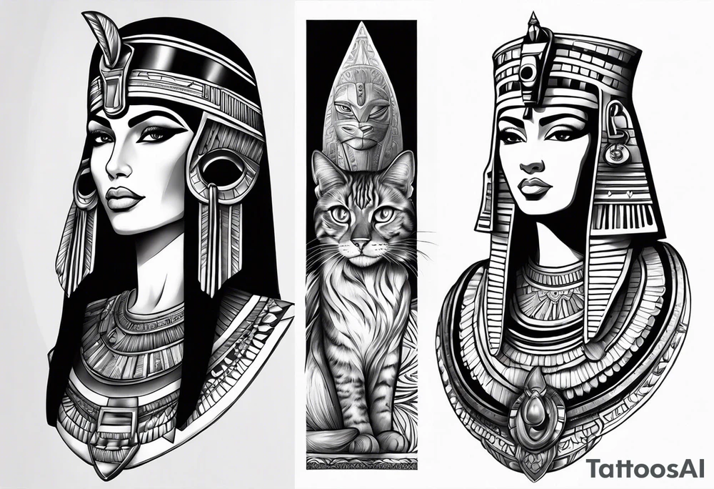 Sleeve with cleopatra, Horus and a Egyptian cat tattoo idea