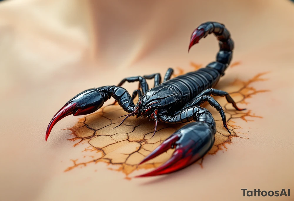 A fierce black scorpion with glossy obsidian armor, tipped with deep crimson on its pincers and venomous stinger, poised in a striking position atop cracked desert sand in shades of golden brown and burnt orange. tattoo idea