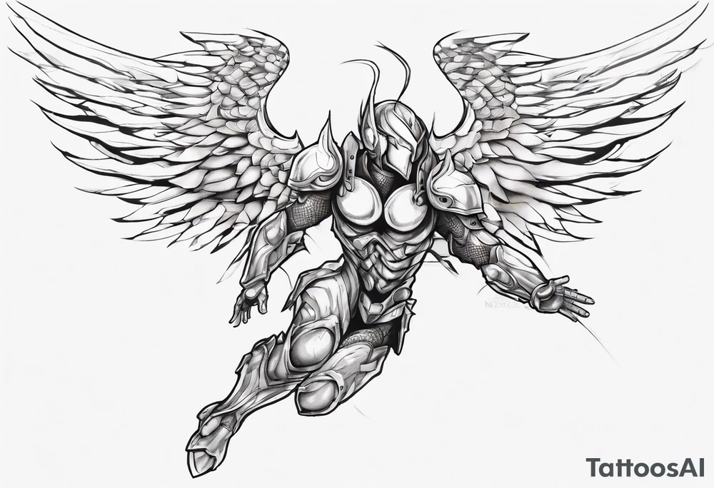Side view of a lite angel wearing inorganic armor that is in mid-air ready to attack tattoo idea