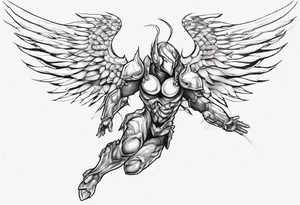 Side view of a lite angel wearing inorganic armor that is in mid-air ready to attack tattoo idea