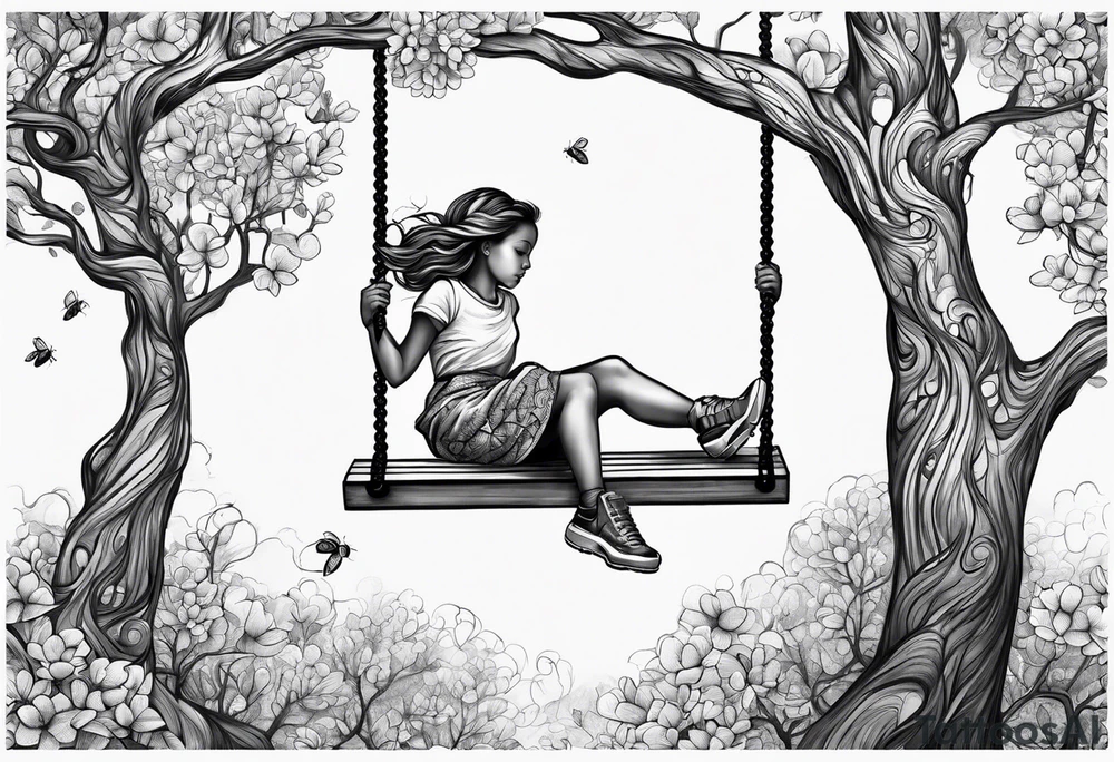 Honeybee. Wollow tree. Girl on a swing. tattoo idea