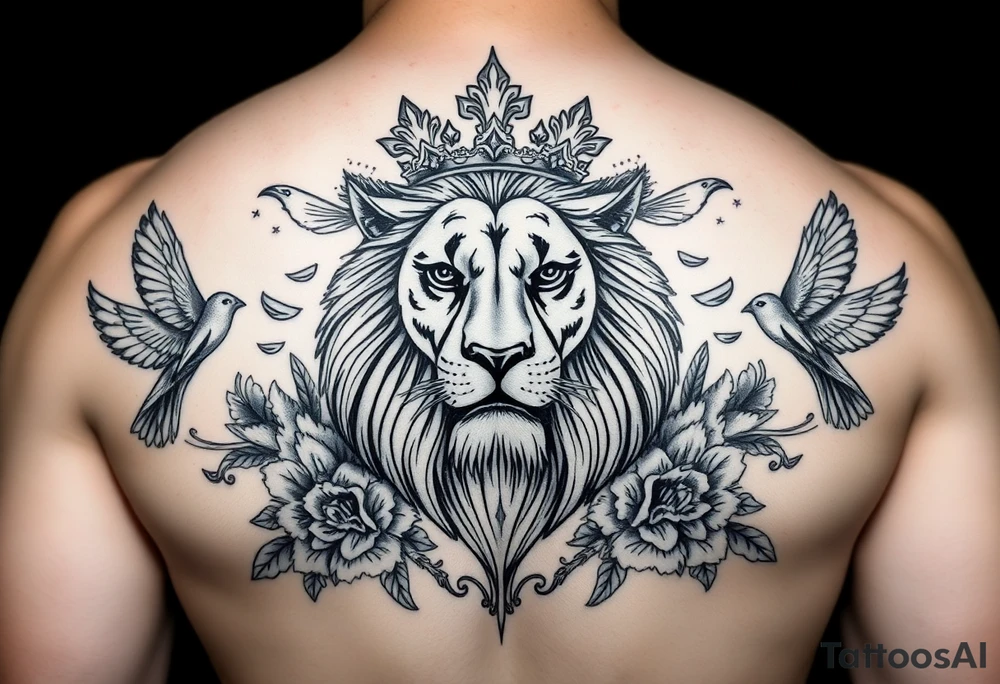powerful majestic lion with a crown, surrounded by floral ornaments and birds tattoo idea