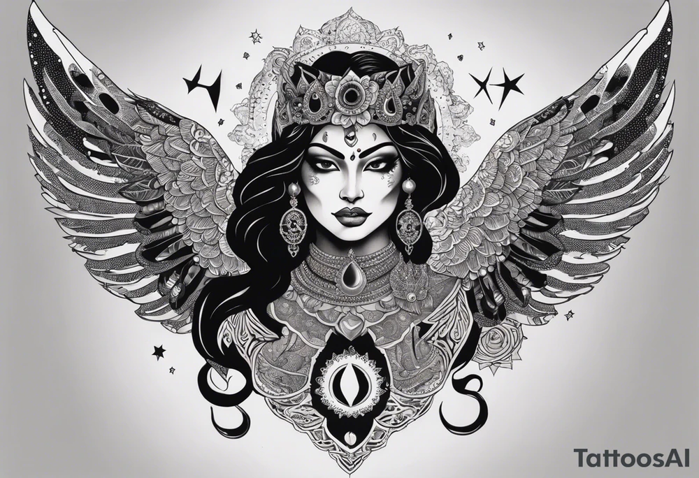 black kali, goddess pirate, alien, angel, pachamama, valkrye, warrior, flying, skull, lotus azul, wing, eagle, zenza resonance, stars, 5D, anahata chakra, death, durga, riding on a tiger, flying lady, kundalini, chest tatoo, samuri, rebel, serpent tattoo idea